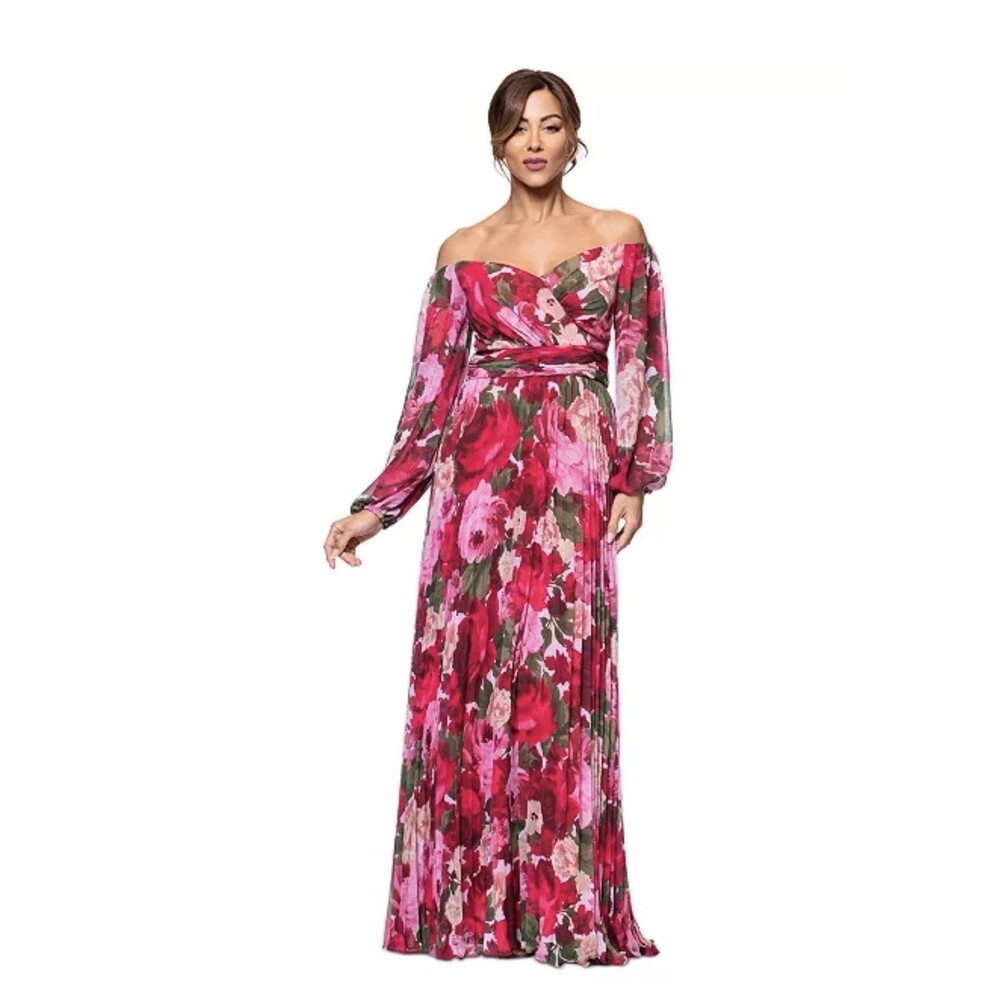 Xscape evenings Floral-Print Pleated Off-The-Shoulder Gown Size:22W $279